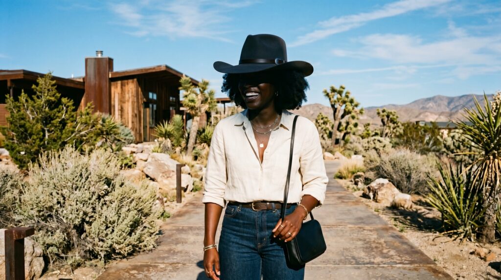 A person wearing a structured, modern wide brim cowboy hat that provides complete shade over their face and neck on a sunny day.