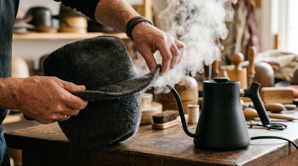A close-up of hands using hot steam to expertly curve and customize a felt cowboy hat brim shape.
