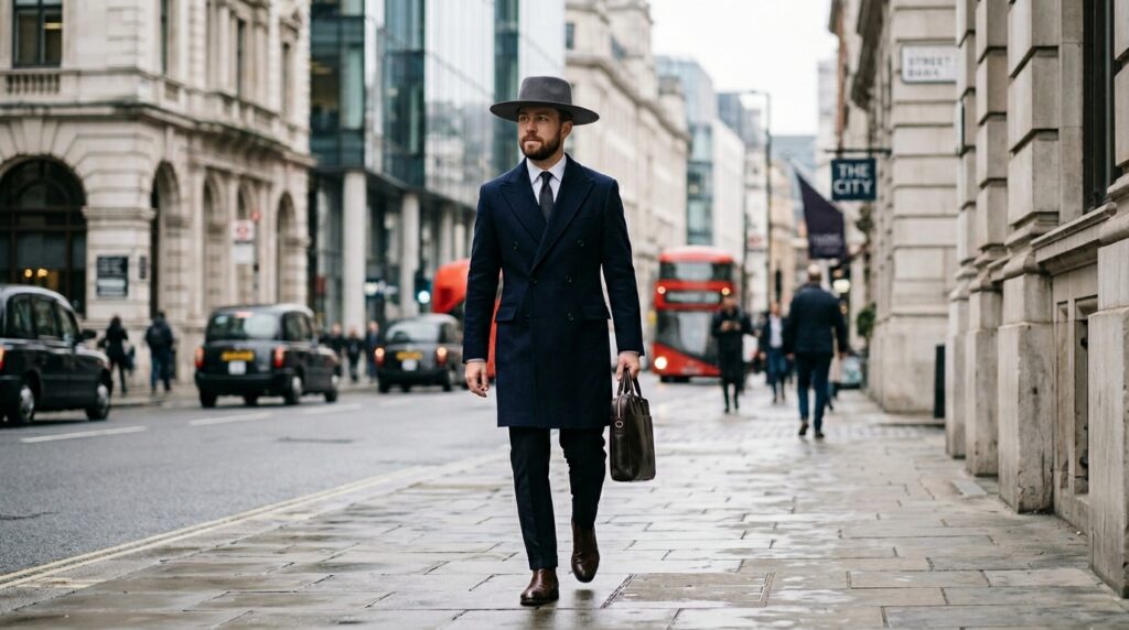 A sharp charcoal flat brim cowboy hat styled perfectly with a tailored overcoat in a modern urban setting.